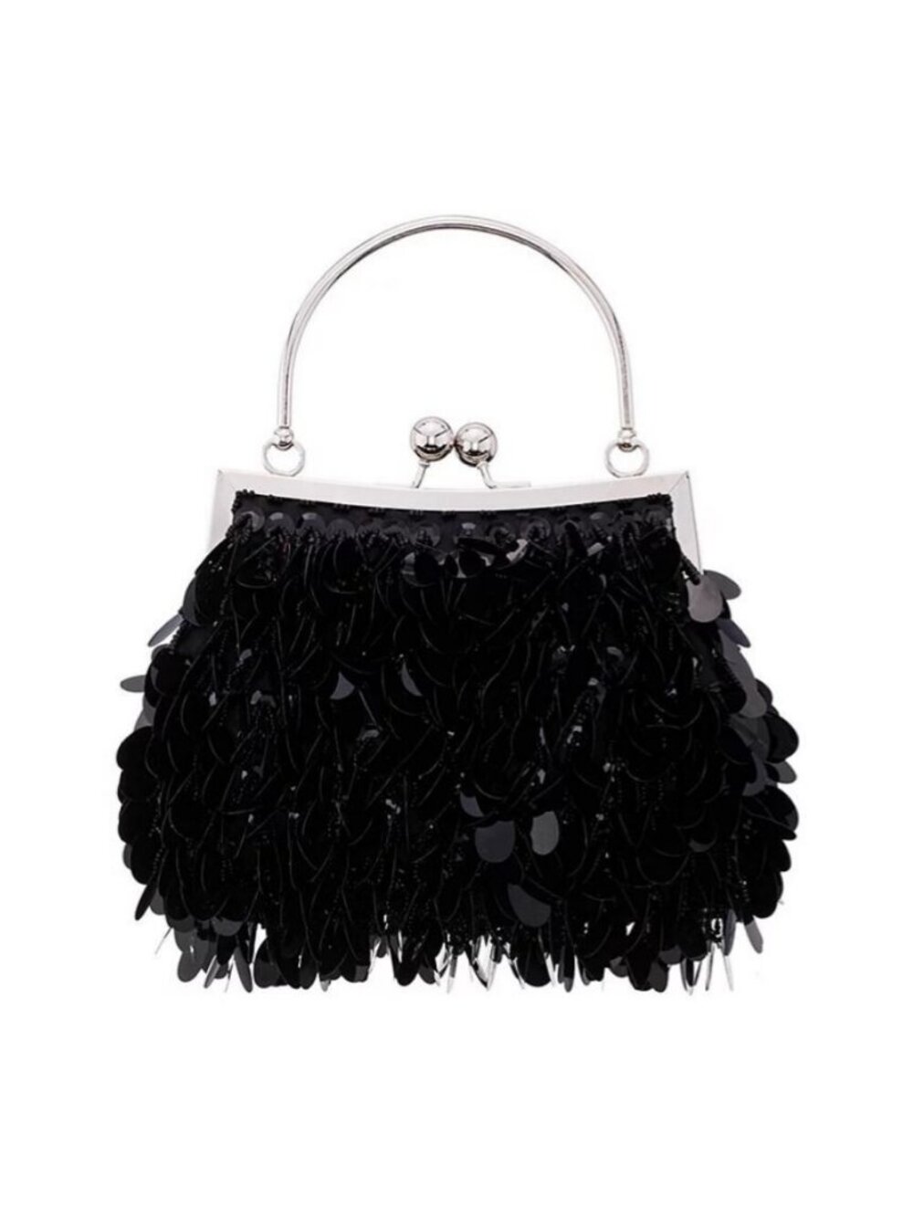 NINA Paillette Fleur frame clutch top handle minaudiere shoulder bag - Black~